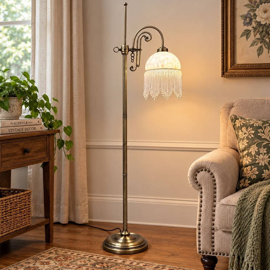 Vintage Brass Floor Lamp with Beaded Shade
