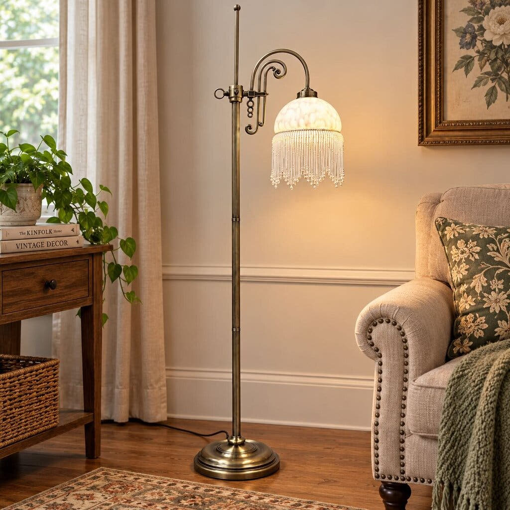 Vintage Brass Floor Lamp with Beaded Shade