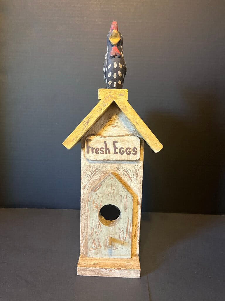 Vintage Wooden Birdhouse with Chicken Topper
