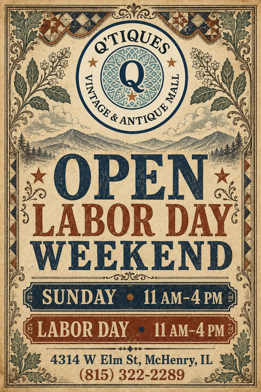 Q'tiques is open Labor Day weekend: Sunday and Labor Day, 11 AM–4 PM both days.