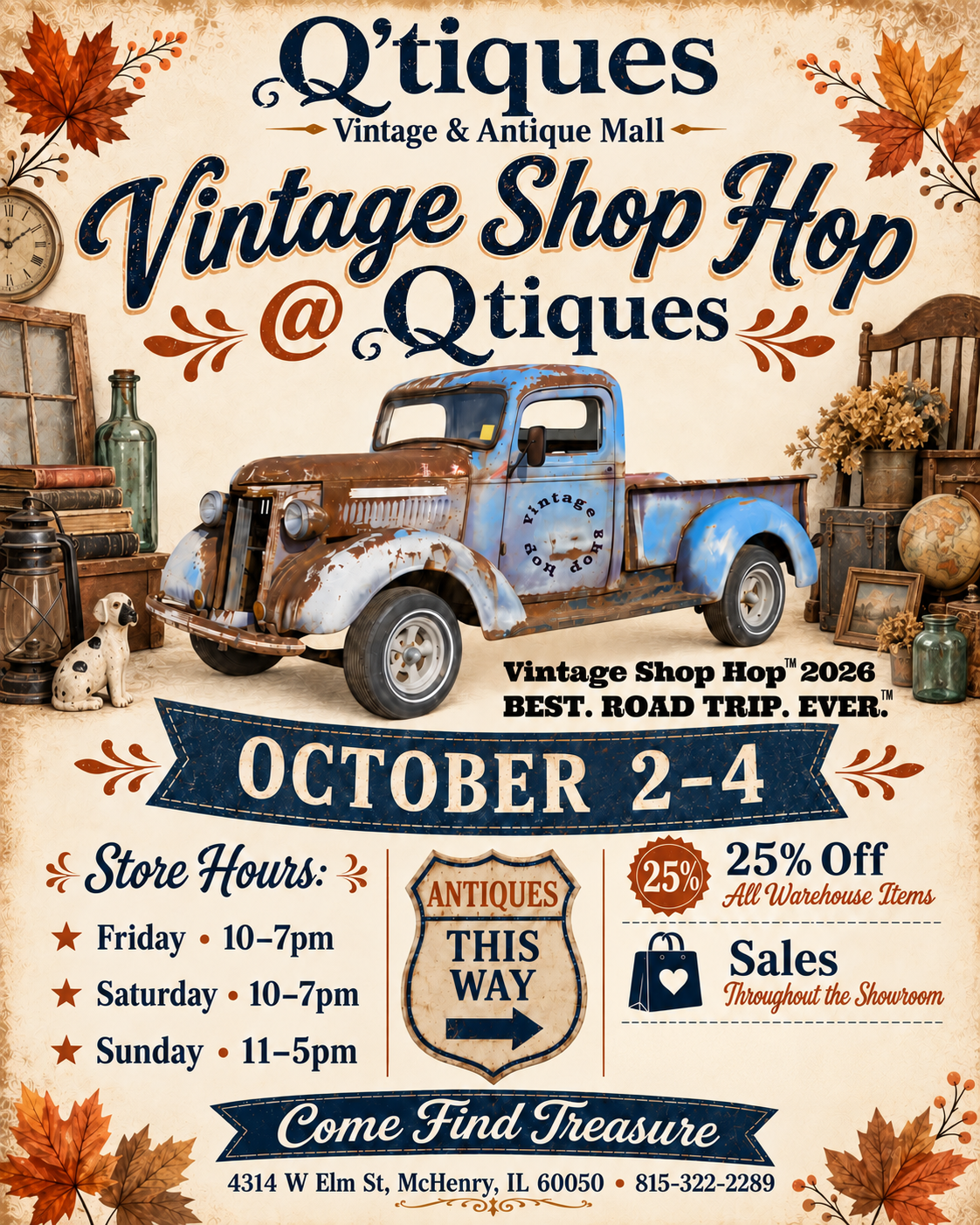 Vintage Shop Hop at Q'tiques, October 2–4, 2026.