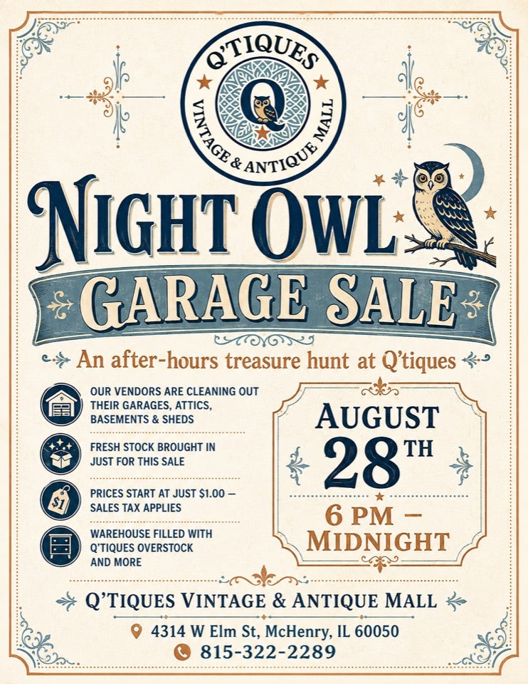 Night Owl Garage Sale at Q'tiques, August 28, 2026, from 6 PM to midnight.