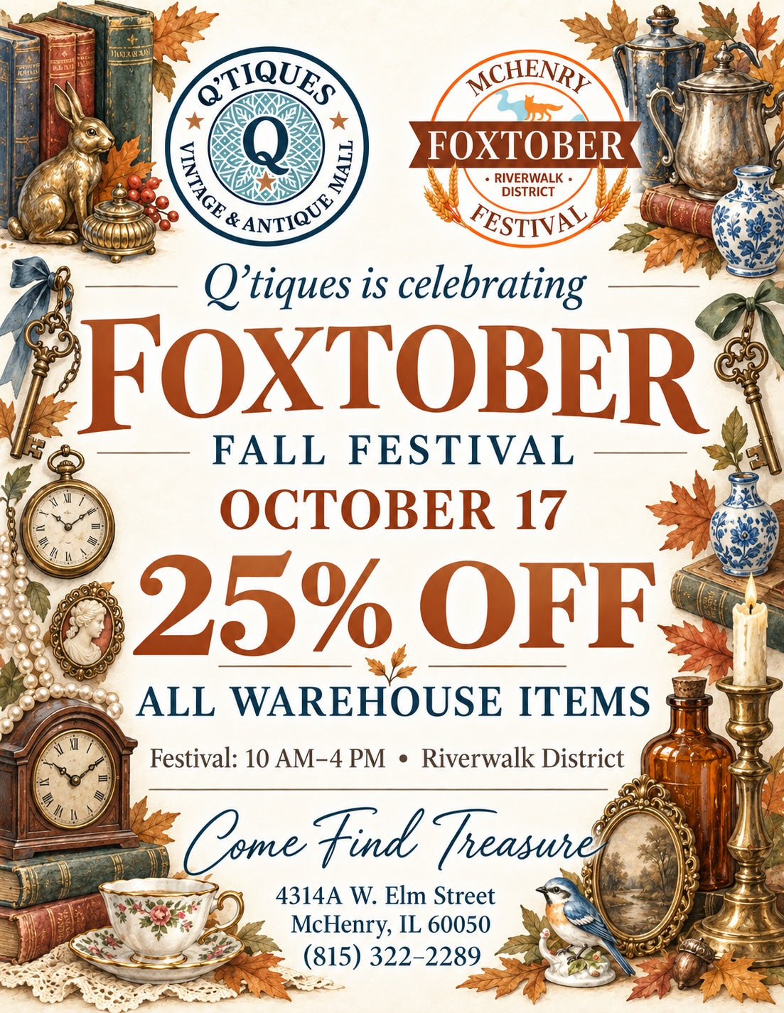 Q'tiques celebrates Foxtober Fall Festival on October 17, 2026, with 25% off all warehouse items. Festival: 10 AM–4 PM, Riverwalk District.