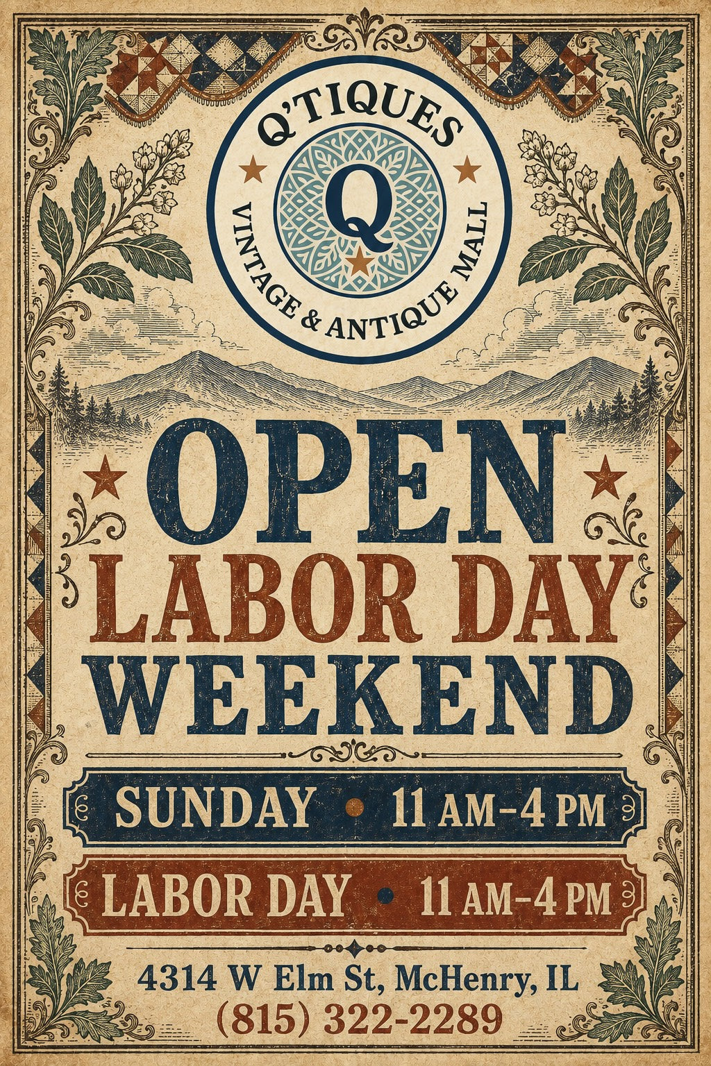 Q'tiques is open Labor Day weekend: Sunday and Labor Day, 11 AM–4 PM both days.