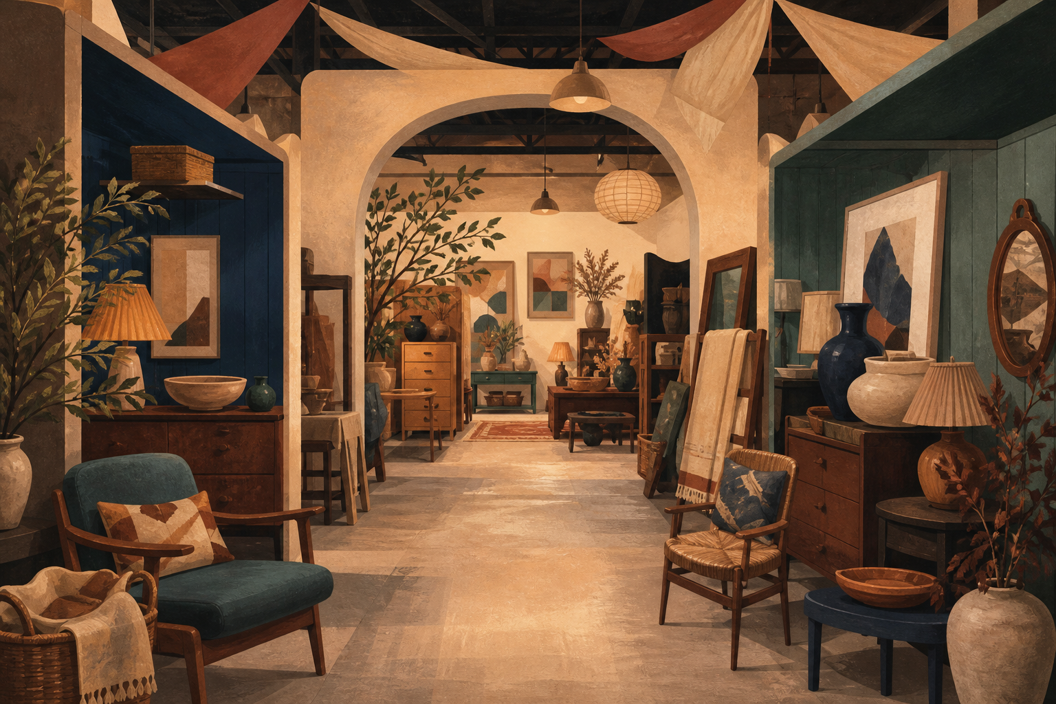 Illustrated fictional indoor vintage-market aisle with generic furnishings and an open central path.