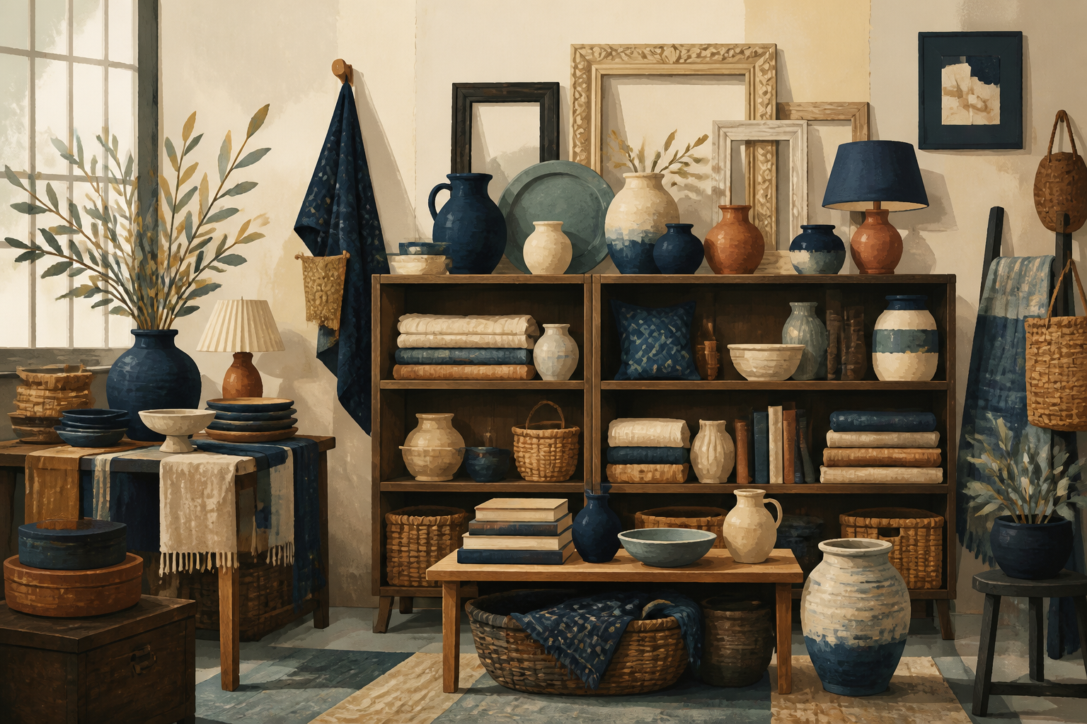 Illustrated fictional merchandise display with generic ceramics, frames, baskets, books, lamps, and textiles.